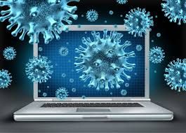 Corona virus nodules floating in front of a laptop.